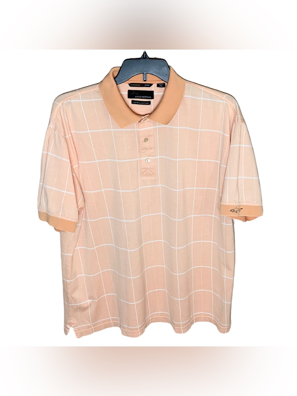 Greg Norman Polo Shirt Men’s L Salmon White Stripes Short Sleeve